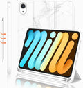 iMieet iPad mini 7 Case 2024 (A17 Pro), iPad mini 6 Case (8.3-Inch,2021 Model), iPad mini 7th/6th Generation Case with Pencil Holder, Trifold Stand Smart Case with Soft TPU Back,Marble White