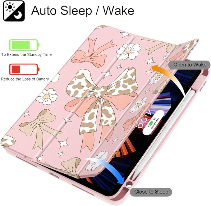 Tuiklol for iPad Pro 11 Inch 4th / 3rd / 2nd / 1st Gen (2022 2021 2020 2018) Case -Built-in Pencil Holder Shockproof Cover Clear Transparent Back Shell with Auto Wake/Sleep, Leopard Bow Gary