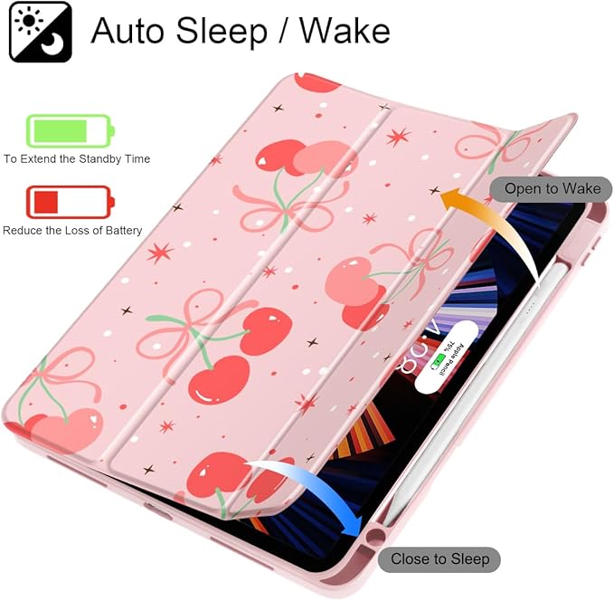 May Chen Case for iPad Pro 11-Inch M5/M4 2025/2024 (6th/5th Generation), [Penceil Holder] Trifold Stand Auto Wake/Sleep Clear TPU Protection Back Cover, Coquette Cherry