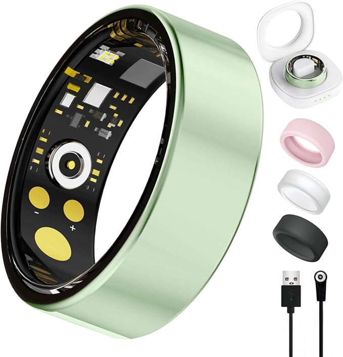 Smart Ring for Women Men, Health Tracker with Heart Rate/Blood Oxygen/Blood Pressure/Sleep Monitoring/Step Counting, IP68 Waterproof Fitness Ring, No App Fees for iPhone & Android (Green, 6#)