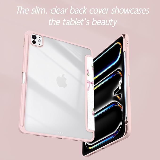 Case for iPad Pro 11-Inch M5/M4 2025/2024 (6th/5th Generation), Case with Pencil Holder, Clear Back Cover Cute Cool Design for Women Girls, Auto Sleep/Wake, Bow Tulip
