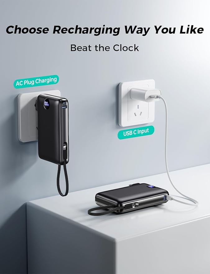 Power Bank, 50000 mAh Portable Charger with Built in Cable & Wall Plug, 22.5W Fast Charging, Travel Essential Battery Pack with LED Display for iPhone 17/16/15/14 Series, Galaxy, iPad Black