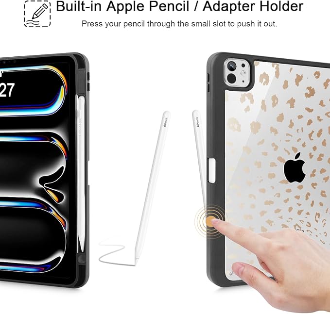 May Chen for iPad Pro 13 Inch Case M5 2025 / M4 2024, Built Pencil Holder & Clear Transparent Print Back Shell Slim Stand Shockproof Tablet Cover, Auto Wake/Sleep, Leopard Print