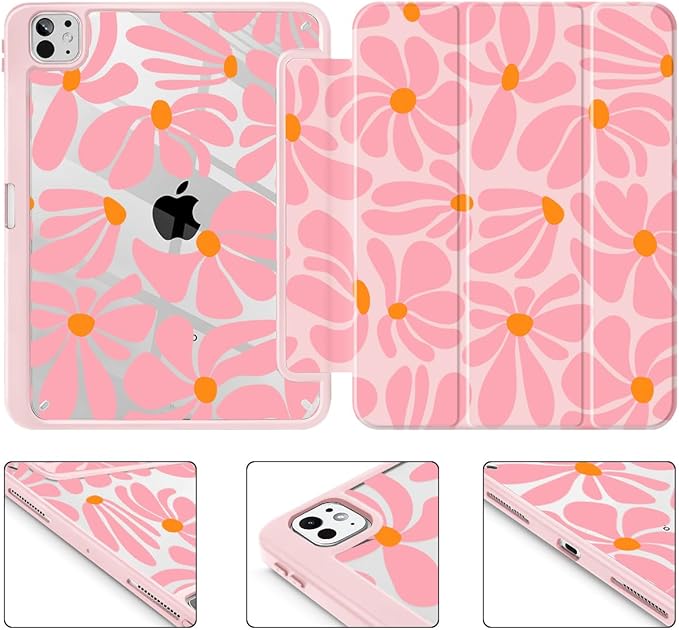 May Chen for iPad Pro 13 Inch Case M5 2025 / M4 2024, Built Pencil Holder & Clear Transparent Print Back Shell Slim Stand Shockproof Tablet Cover, Auto Wake/Sleep, Groovy Flower