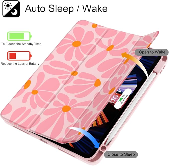 May Chen for iPad Pro 13 Inch Case M5 2025 / M4 2024, Built Pencil Holder & Clear Transparent Print Back Shell Slim Stand Shockproof Tablet Cover, Auto Wake/Sleep, Groovy Flower