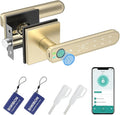 BIWIBON Fingerprint Door Lock, 5 in 1 Finger Print Door Knob with Smart APP/Fingerprint/IC Cards/Password/Backup Keys, Smart Door Knob with Keypad for Bedroom, Office, Apartment, Gold