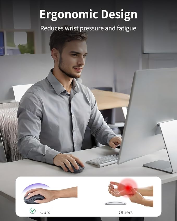 WL300 Bluetooth Mouse Silent Wireless Mice, Quiet Click, Cordless Computer Mouse with 6 Buttons, Sculpted Grip, Adjustable DPI for Laptop, PC, Mac, 18-Month Battery Life for Work or Travel ( Grey)