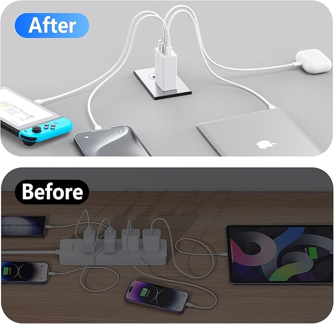 2Pack USB C Charger Block, 40W Fast USB C Wall Charger 4-Port PD Power Adapter + QC Wall Plug Multiport Type C Charging Block Cube for iPhone 17 16 15 Pro Max XR XS 8 7, iPad, Galaxy, Tablet - White