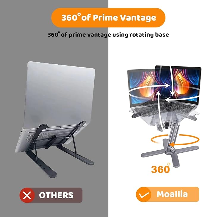 Moallia Laptop Stand with 360 Rotating Base, Computer Notebook Laptop Riser Metal Holder for Desk Collaborative Work, Fully Foldable for Easy Storage, Fits All MacBook, Laptops up to 16 inches, Grey