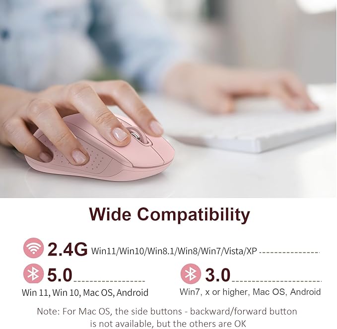 TECKNET Bluetooth Mouse, 4000DPI Wireless Mice for Laptop 2-in-1(BT 5.0/3.0+2.4Ghz) Computer Portable PC Mouse Wireless with USB Receiver for Mac (USB-A+Bluetooth, Pink)