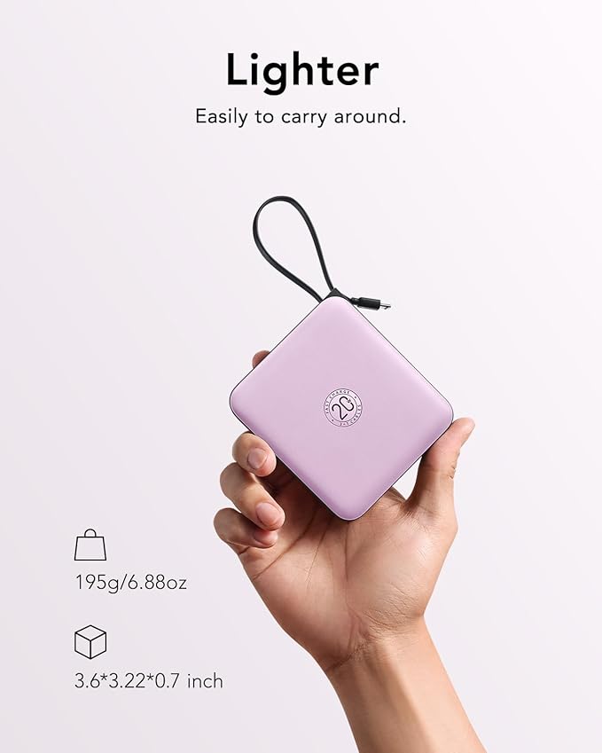 VRURC Portable Charger with Built-in Cable, 10000mAh 22.5W Fast Charging USB C Battery Pack, Cell Phone Power Bank for iPhone 17 16 15 Series Android Tablet (Purple)