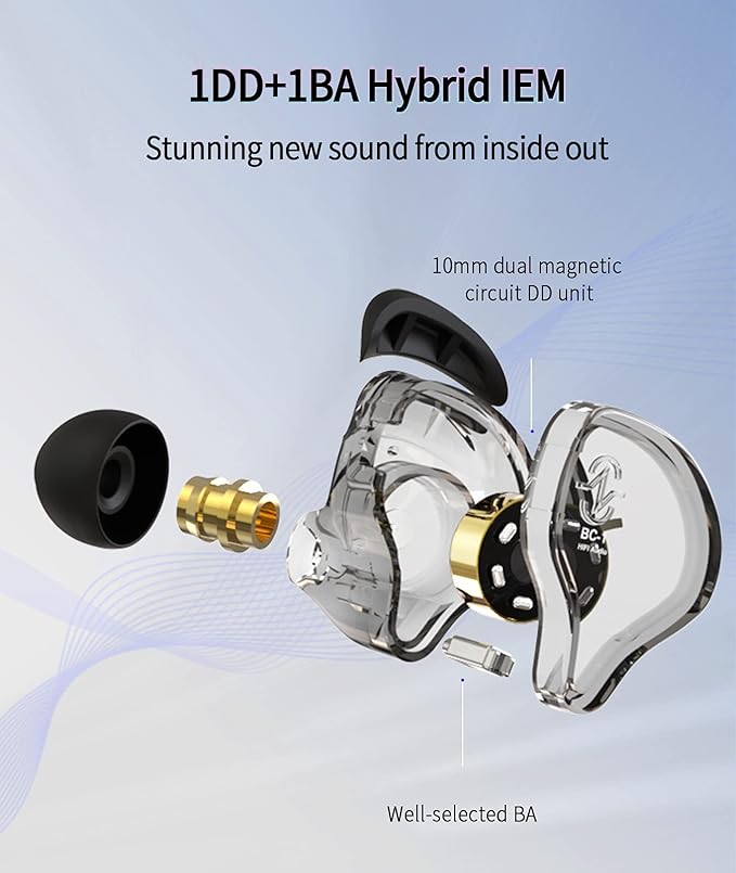 CCZ Melody in Ear Monitor, Dynamic Hybrid Dual Driver in Ear Earphones 1BA+1DD HiFi Wired Headphones Musicians IEM Upgrade Deep Bass Suitable for Bass Vocals Pop Folk ACG (No MIC, Transparent)…