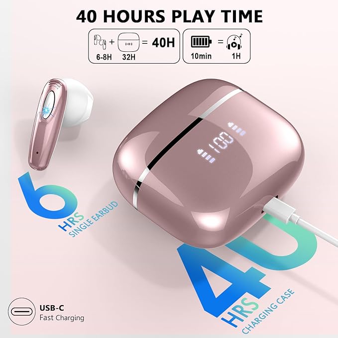 Wireless Earbud, Bluetooth Headphones 5.3 Built in 4 ENC Mic, Stereo Bass Wireless Earphones, 40H Bluetooth Earbud in-Ear LED Display, USB-C, IP7 Waterproof Sports Ear Buds for Android iOS, Rose Gold