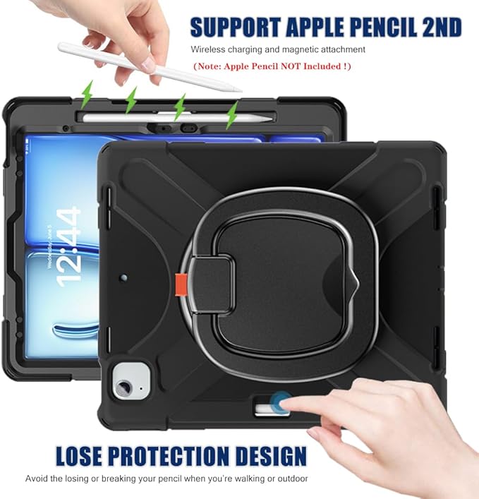 SCSVPN Case for iPad Air 13 inch M4 2026 /M3 2025/M2 2024 & iPad Pro 12.9 Case 6th/5th/4th/3rd Gen 2022 2021 2020 2018, Drop Protective Cover with Pencil Holder, Stand, Handle, Shoulder Strap - Black