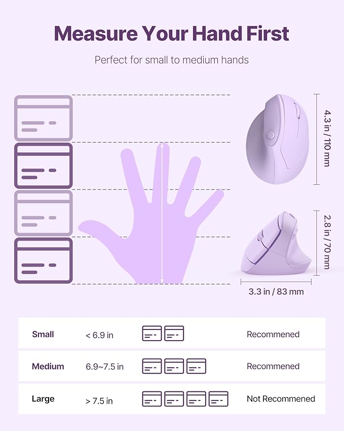 Ergonomic Mouse, USB+Bluetooth Dual Connection, Wireless Vertical Mouse for Reducing Wrist Pain, 1000/1600/2400 DPI, Ergo Mouse with Quiet Click for Windows Mac OS PC Computer Laptop, Purple