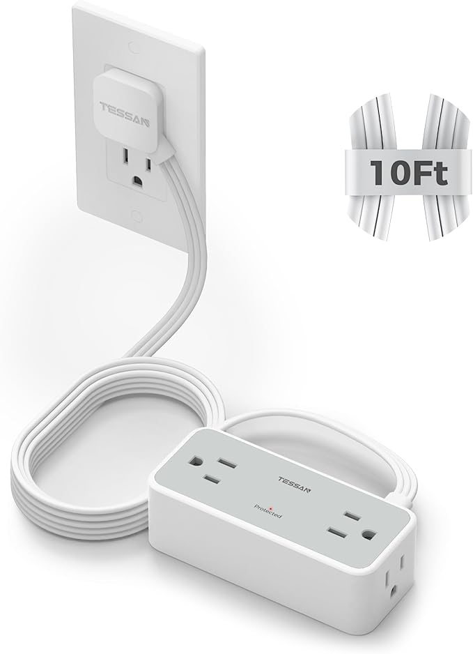 TESSAN Flat Plug Extension Cord 10 FT, Surge Protector Power Strip with 4 AC Outlets, 900 Joules Protection, Multiple Wall Outlet Extender Suitable for Office Dorm, Grey
