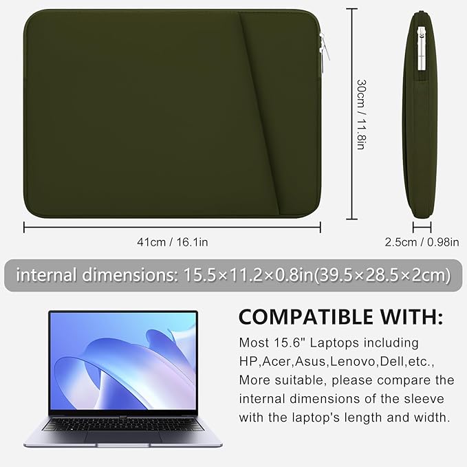 Laptop Sleeve Case with Zipper Accessory Pocket Compatible with 15.6 inches HP Dell Asus Lenovo Padded Computer Pouch Cover Shockproof Protective for 15.6” Laptop/Chromebook/Tablet,Green