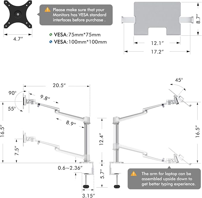 Viozon Laptop/Notebook/Projector Mount Stand,Height Adjustable Single Arm Mount Support 12-17 inch Laptop/Notebook/Tablet, Free Removable VESA 75X75 and 100X100 for Monitor 17-32 inch (Silver)