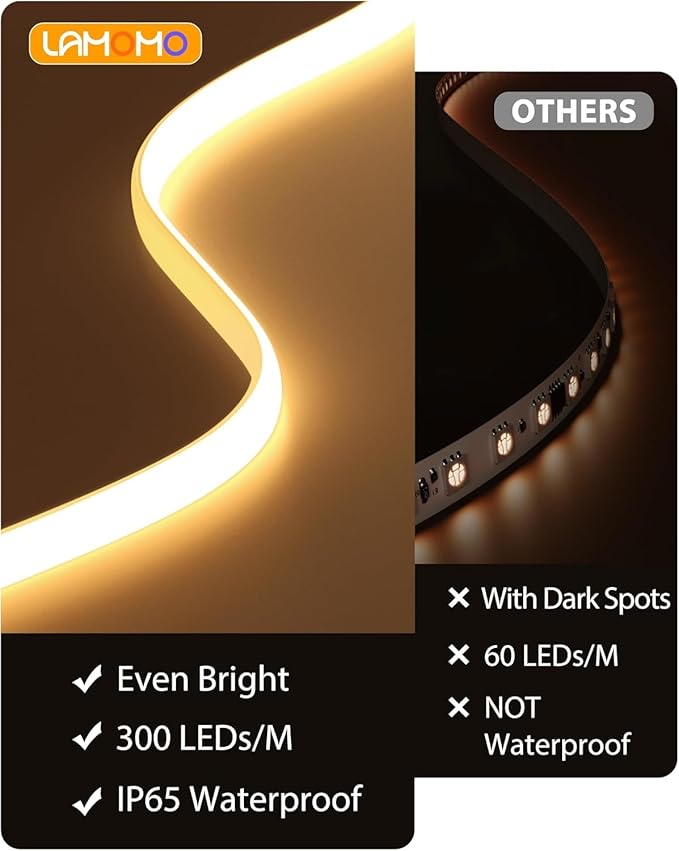 Lamomo COB LED Strip Lights Pro, 9.84Ft Warm White Dimmable Self-Adhesive Led Rope Light with Remote, Flexible Cuttable Waterproof 3000K Silicone Neon Tape Lights for Bedroom, Indoor, Outdoor, Cabinet