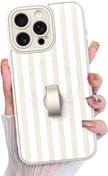 KANGHAR Compatible with iPhone 15 Pro Max Case, Support for MagSafe, Silicone Stripes Cute Pattern, Wristband Kickstand Camera Protection Soft Slim Cover for Girls Women -White