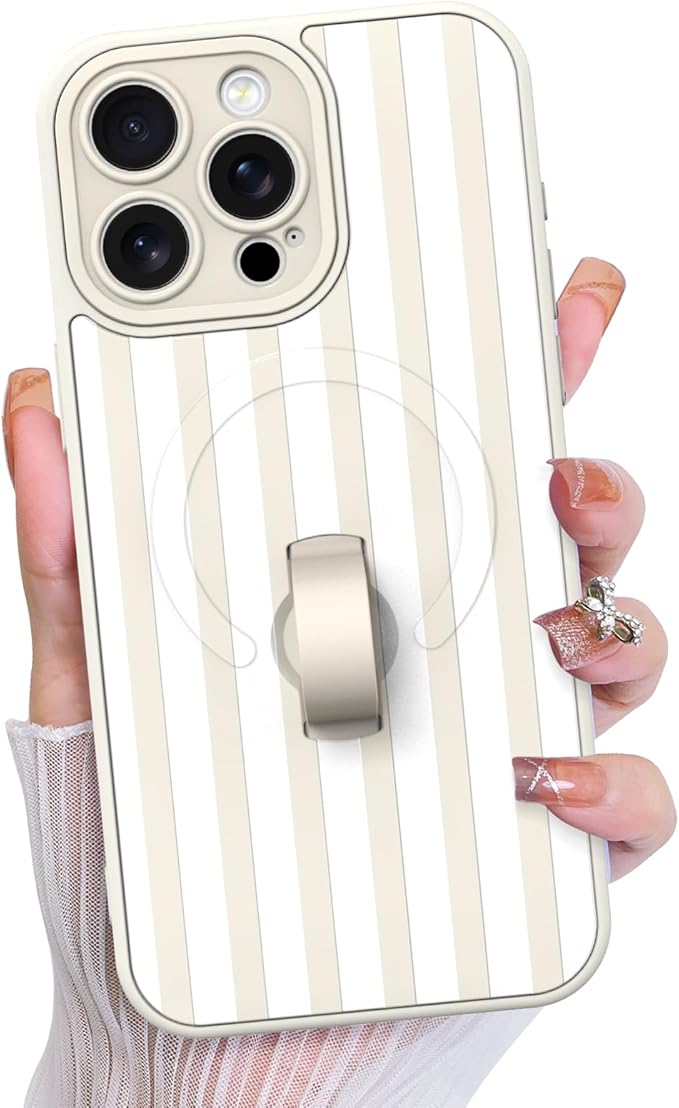 KANGHAR Compatible with iPhone 15 Pro Max Case, Support for MagSafe, Silicone Stripes Cute Pattern, Wristband Kickstand Camera Protection Soft Slim Cover for Girls Women -White