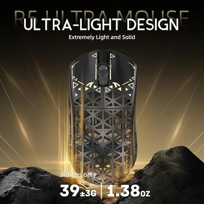 ATTACK SHARK R5 Ultra Carbon Fiber Wireless Gaming Mouse,39g Superlight Hollowed-Out,PAW3950MAX Optical Sensor Nordic 52840 MCU 8K Polling 42K DPI,Tri-Mode Programmable Mice with Coiled Cable-Black