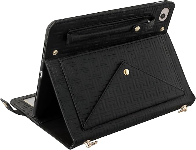 Handbag Case for iPad mini 5th 4th 3rd 2nd 1st Generation (Prior to 2019), Techcircle Elegant Crossbody Folio Stand Wallet Case with Pencil Holder, Card Slots, Hand Strap, Shoulder Strap, Black