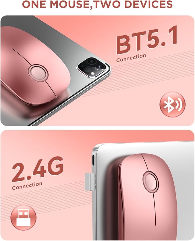 RAPIQUE Bluetooth Wireless Mouse - (BT5.1+USB) Dual Connectivity, Quiet Click, Low Power, and 1600 DPI, Portable Cordless Mouse for Mac, Laptop, MacBook Pro/Air, iPad (Rose Gold)