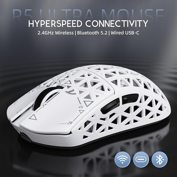 ATTACK SHARK R5Ultra 8K Carbon Fiber Wireless Gaming Mouse with 42000 DPI -PAW3950 MAX Sensor -39g Ultra-Lightweight-Nordic 52840 MCU Chip-Wired/BT/2.4GHz Wirelss Programmable Mouse for PC/Mac (White)