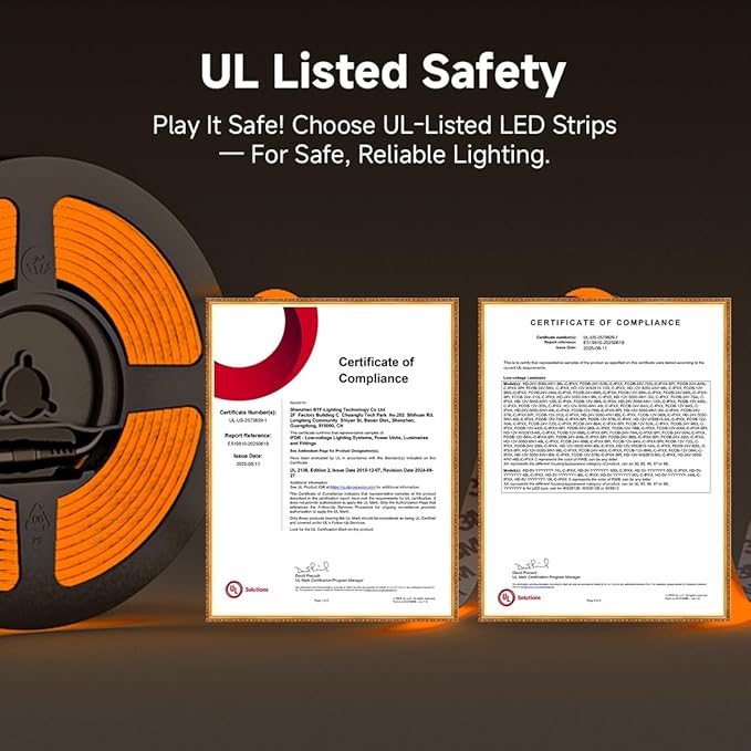 BTF-LIGHTING FCOB COB LED Strip Orange Color 5mm Width UL Listed Super Narrow Flexible Uniform Light DC12V 16.4FT CRI 90+ Dimmable LED Ribbon for Bedroom Home Indoor Decor(No Adapter or Controller)