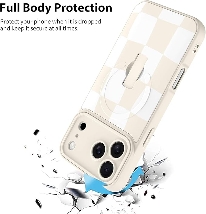 KANGHAR Compatible with iPhone 17 Pro Max Case, Support for MagSafe, Silicone Checkered Cute Pattern, Wristband Kickstand Camera Protection Soft Slim Cover for Girls Women -White
