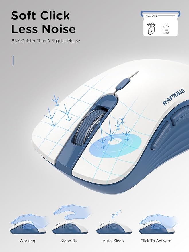 RAPIQUE Bluetooth Wireless Mouse - Dual Bluetooth & 2.4 GHz USB Receiver, Ergonomic Design, Quiet Clicks, Low Power - Multi-Device Compatibility for MacBook, Laptop, Computer (Blue and White)
