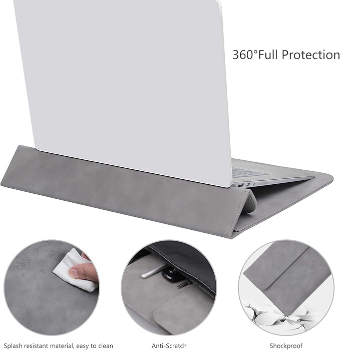 Megoo 15" Slim Laptop Sleeve PU Case with Stand for MacBook Air 15.3"/Pro 16.2", Samsung Galaxy Book 15.6", Microsoft Surface Laptop 7/6/5/Book 15.6", Carry Case for 15" 16" Chromebook Notebook(Gray)