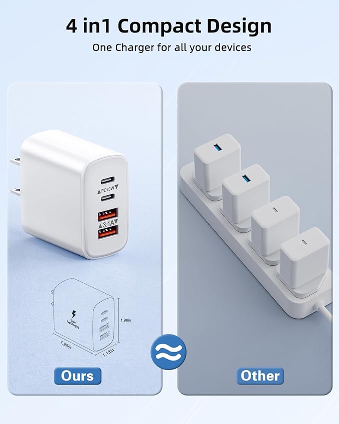 USB C Charger Block, 2-Pack 40W 4-Port Type C Fast Charging Block for iPhone 16 15 14 13 12 Pro Max Plus, iPad,Samsung, Dual PD Power Adapter + QC 3.0 Multi Wall Plug ﻿Charger Box USBC Cube