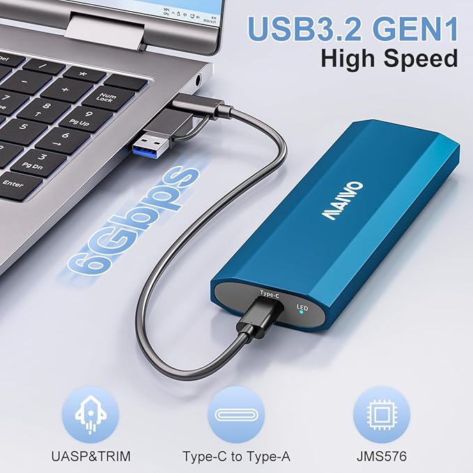 MAIWO M.2 SATA SSD Enclosure, USB3.2 Gen1 Type-C to SATA NGFF Based M.2 Solid State Drive Adapter Reader, Support B Key B+M Key, Aluminum (K1690S)