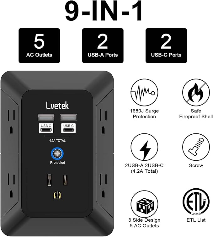 Outlet Extender, Surge Protector Outlet with 5-Multi Plug Outlet and 4 USB Ports(2 USB C), 3-Sided 1680J Power Strip Wall Charger, Multiple-Plug Outlet Splitter for Home Travel Office,ETL Listed,Black