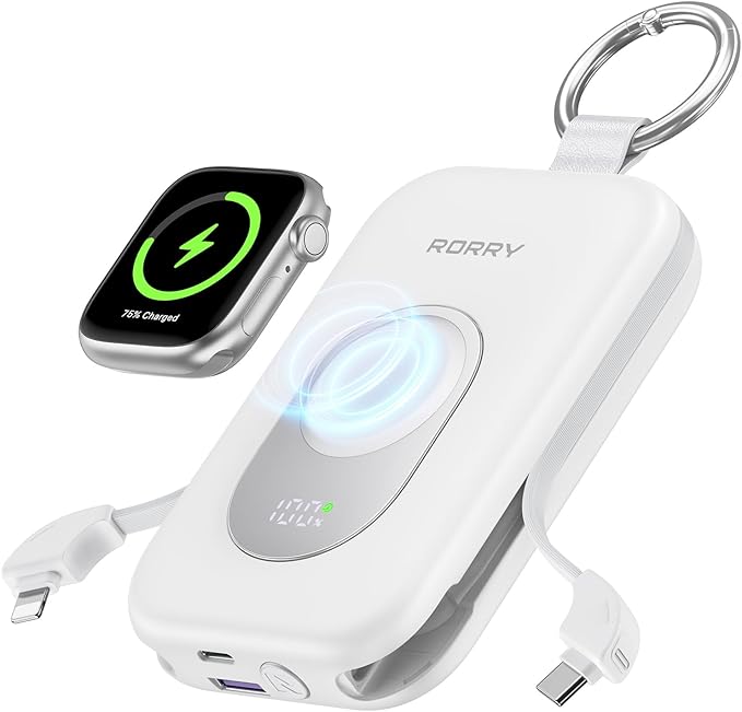 RORRY Portable Charger, 20000mAh PD 30W Portable Charger Power Bank with 2 Built-in Cables, Super Fast Charging Battery Pack with Keychain, Travel Essentials for iPhone, Apple Watch, iPad, White