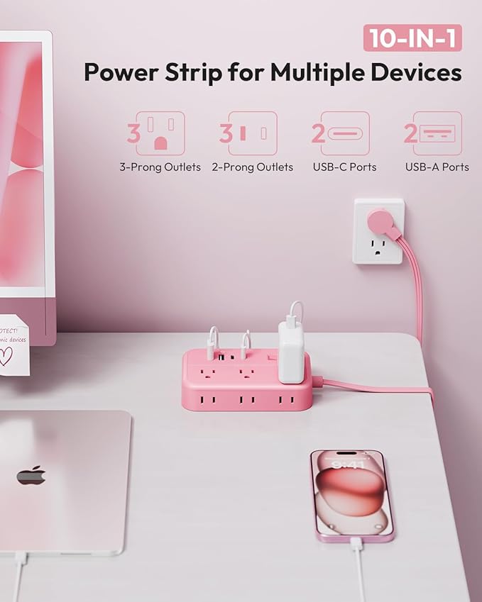 Pink Extension Cord Surge Protector Power Strip with 6 Outlets 4 USB Ports(20W), Flat Extension Cord with Multiple Outlets, 5 ft Flat Plug Outlet Extender for Indoor, Home, Office