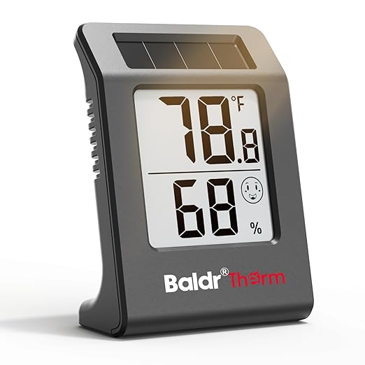 BaldrTherm Humidity Meter Hygrometer, Solar-Powered Room Thermometer Indoor Digital Temperature Sensor Monitor, 2.2''Humidity Gauge for Baby Rooms, Home, Office, 1Pack, Black