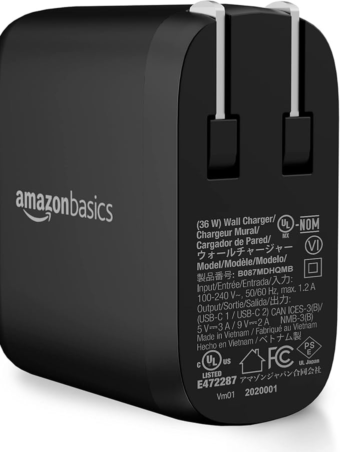Amazon Basics 36W Dual Port USB-C Wall Charger with Power Delivery, Foldable Plug, for Tablets & Phones (iPhone 15/14/13/12/11/X, iPad, Samsung, and More), Non-PPS, 2.34 x 2.21 x 1.09 inches, Black