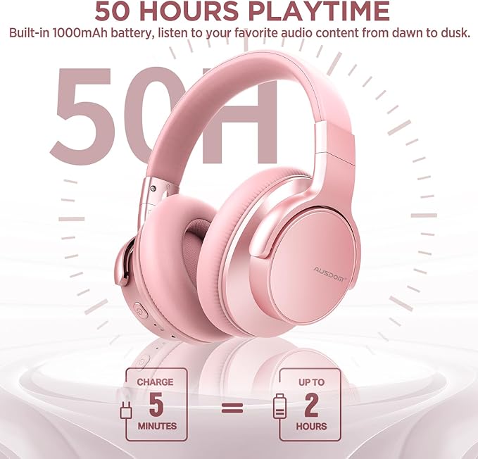 AUSDOM E7 Bluetooth Active Noise Cancelling Headphones, Wireless Over Ear ANC with Microphone, Hi-Fi Stereo Sound, 50H Playtime, Comfortable Earpads for Travel Work TV Phones, Rose Gold