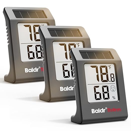 BaldrTherm Humidity Meter Hygrometer, Solar-Powered Room Thermometer Indoor Digital Temperature Sensor Monitor, 2.2''Humidity Gauge for Baby Rooms, Home, Office, 3Pack, Black