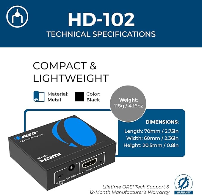 OREI HDMI Splitter 1 in 2 Out - For TV Mirror Only - Not for Multi Monitors, No HDCP bypass, USB Powered, No Adapter Included,1080P@60Hz & 4K@30Hz Resolutions – HDMI Splitter (HD-102)
