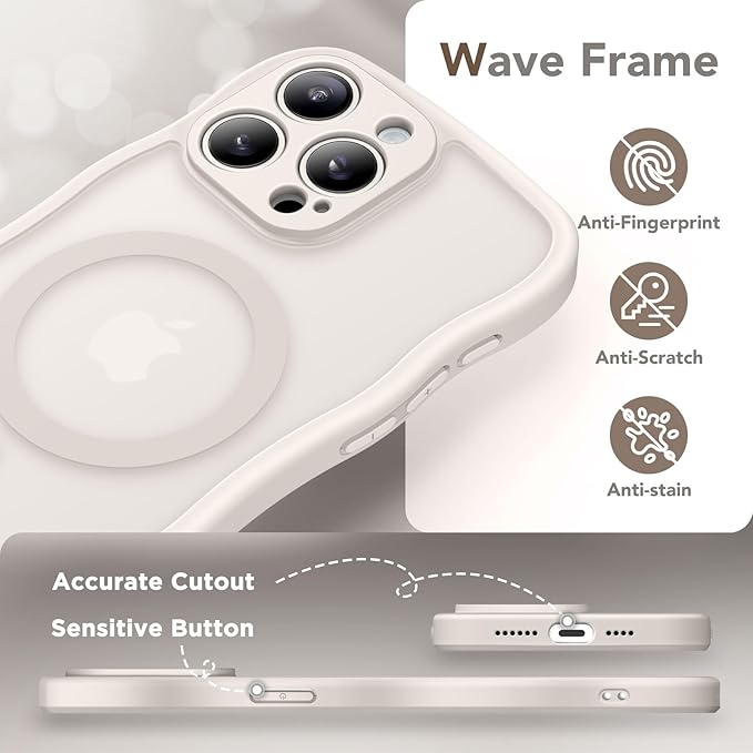 CAPRARO Cute for iPhone 15 Pro Max Case, Compatible with MagSafe, [Curly Wave Edge] [Full Camera Protection] [14 FT Drop Protection] Magnetic Phone Case for 15 Pro Max 6.7 Inch, Stone
