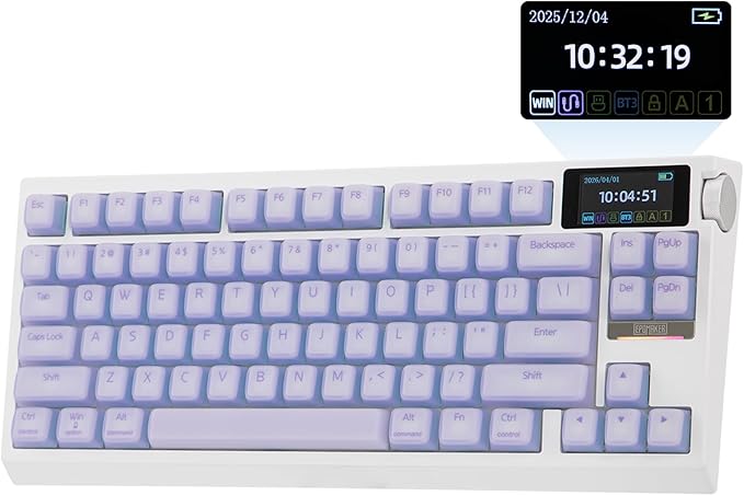 EPOMAKER G84 PRO Wireless Gaming Keyboard with Screen&Knob, 75% Creamy Mechanical Keyboard, 8000mAh, Hot Swappable, Silicone Keycaps, BT5.0/2.4G/USB-C Mode, NKRO, RGB (Purple, Creamy Jade Switch)