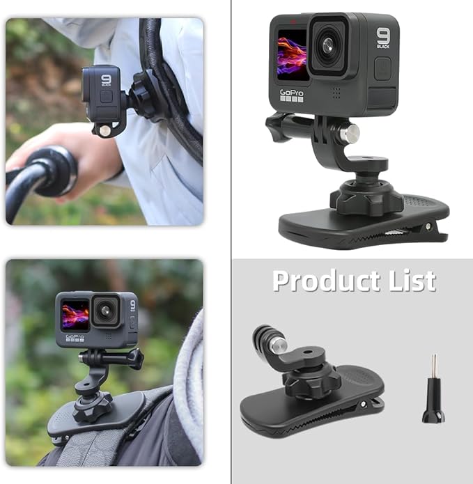 360° Rotation Backpack Strap Mount Quick Clip Mount Compatible with GoPro Hero 13,12,11,10,9,8,7,6,5,4,Fusion,DJI Osmo Action 5 pro/4/3/2,AKASO,Campark,Crosstour Action Cameras