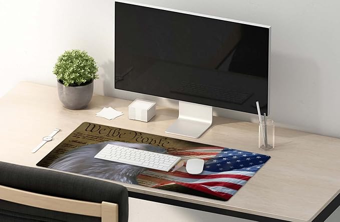 SSOIU Bald Eagle on American Flag Mouse Pad 35.5 X 15.7 Inch XXL Full Desk Mousepad Extended Large Non-Slip Rubber Base Waterproof Big Keyboard Mat with Stitched Edges for Gaming and Office