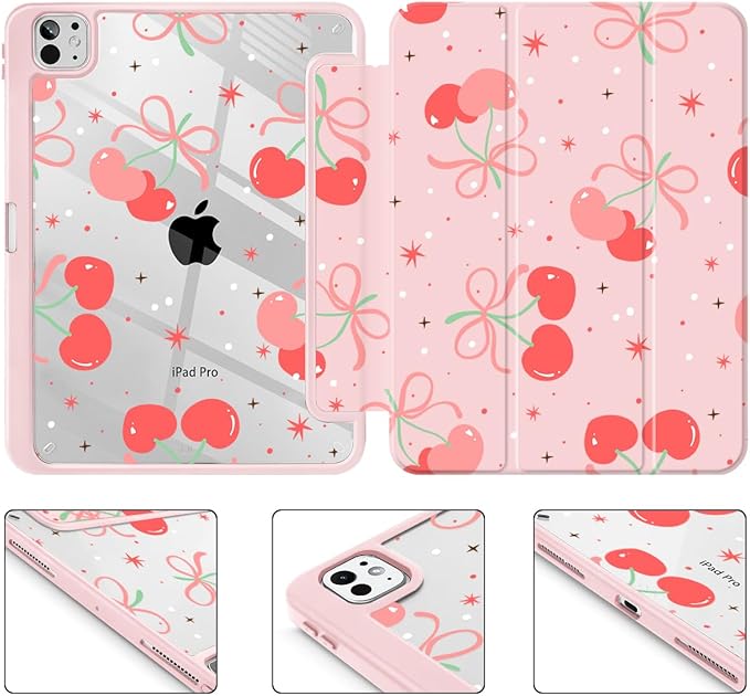 May Chen for iPad Pro 13 Inch Case M5 2025 / M4 2024, Built Pencil Holder & Clear Transparent Print Back Shell Slim Stand Shockproof Tablet Cover, Auto Wake/Sleep, Coquette Cherry