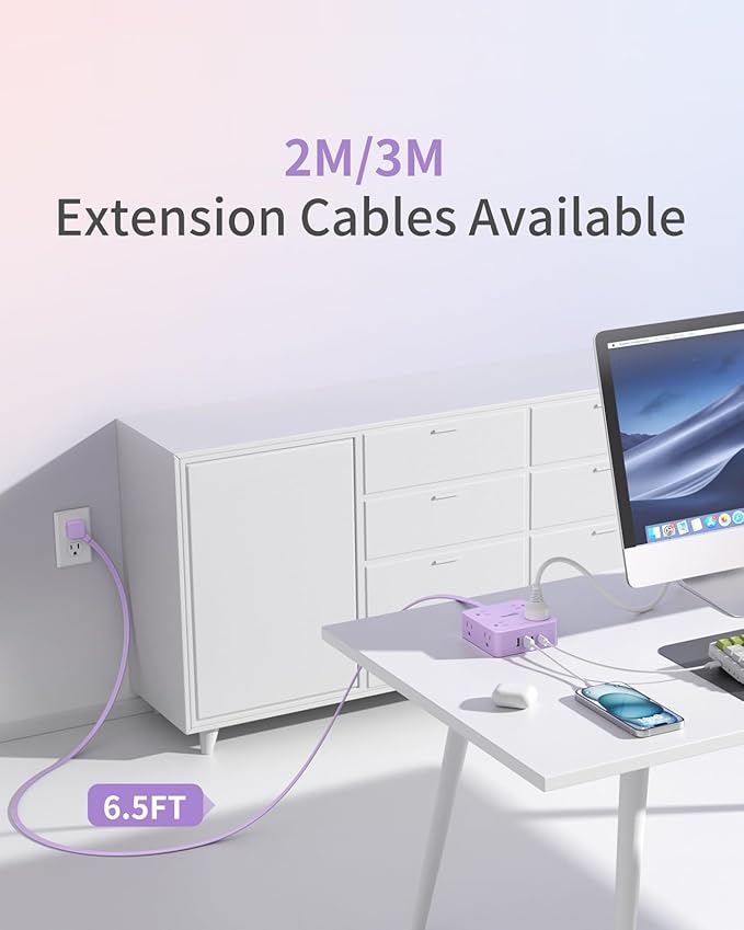 Extension Cord with Multiple Outlets, SMALLRT Flat Plug Power Strip, 6.5FT Power Strips with Surge Protection with USB Ports, 8 Outlets, Surge Protector Outlets Extender for Home Office, Purple