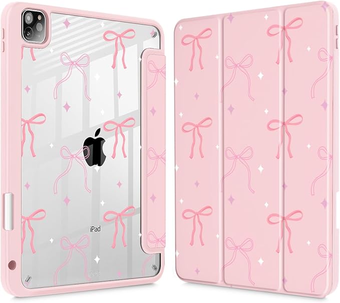 Tuiklol for iPad Pro 11 Inch 4th / 3rd / 2nd / 1st Gen (2022 2021 2020 2018) Case -Built-in Pencil Holder Shockproof Cover Clear Transparent Back Shell with Auto Wake/Sleep, Pink Bows